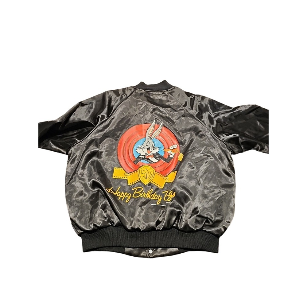 1990's Vintage Chalk Line Bugs Bunny 50th Birthday Black‎ Satin Jacket 90s
